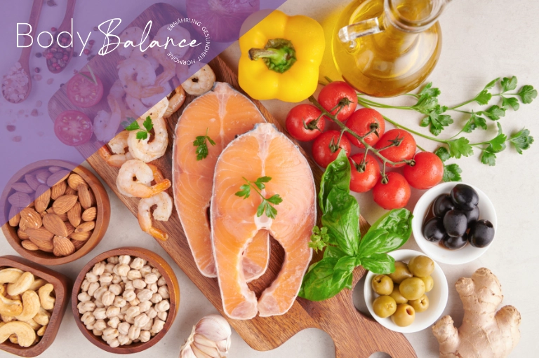 Verschiedene Omega-3-Quellen wie Fisch, Leinöl und Walnüsse